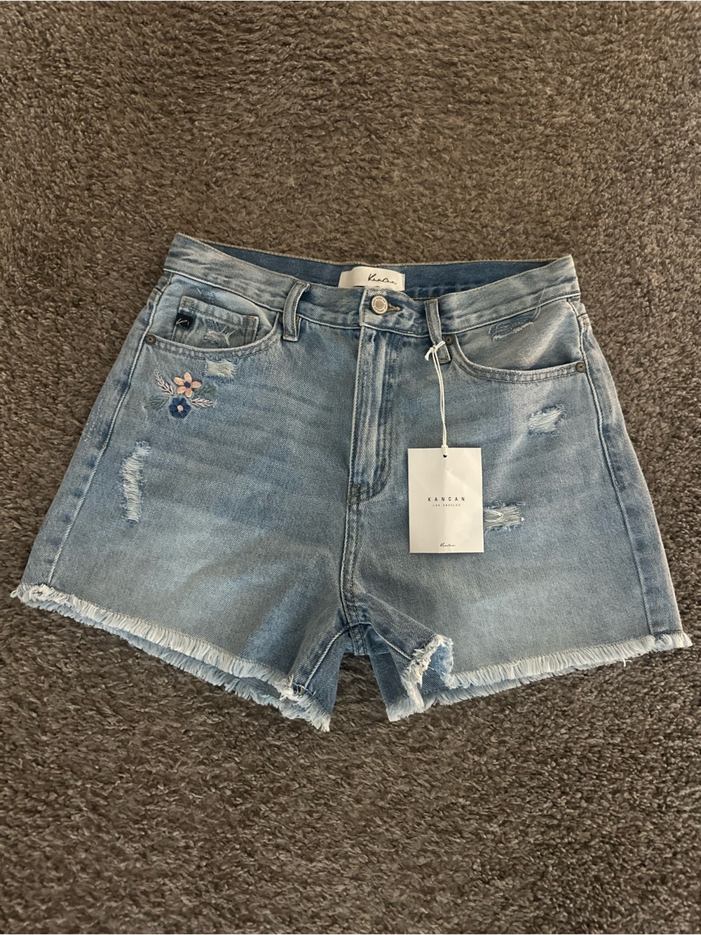 KanCan Light Blue Distressed Denim Shorts with Floral Embroidery